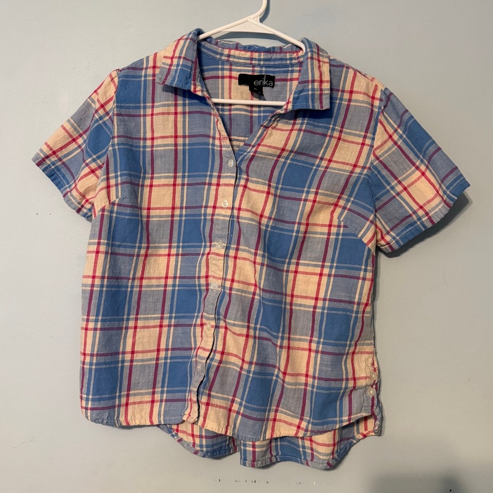 Erika Women's Petite Large Blue Red Plaid Short Sleeve Button Down Shirt 2091